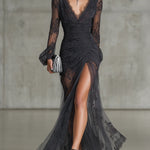 Ambrosia | Dark Grey Lace Ruched Maxi Dress