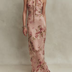 Lia - Elegant Floral Print Chiffon Maxi Dress with Keyhole Neckline