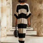 ElevenOra Chic Elegant Beige-Black Striped V-Neck Short-Sleeve Loose-Fit Side Slits Ribbed Knit Maxi Dress