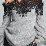 ElevenOra Chic Casual Gray Off-The-Shoulder Lace Trim Detail Long Sleeve Oversized Knit Sweater Top