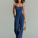 ElevenOra Chic Casual Camel Strappy Sleeveless Tailored Waist Wide Leg Ribbed Knit Jumpsuit