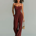 ElevenOra Chic Casual Camel Strappy Sleeveless Tailored Waist Wide Leg Ribbed Knit Jumpsuit