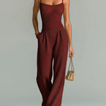 ElevenOra Chic Casual Camel Strappy Sleeveless Tailored Waist Wide Leg Ribbed Knit Jumpsuit