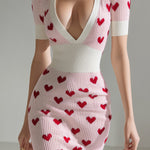 ElevenOra Chic Elegant Cream White Heart Jacquard Deep V-Neck Short-Sleeve Slim-Fit Ribbed Knit Bodycon Mini Dress