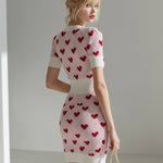 ElevenOra Chic Elegant Cream White Heart Jacquard Deep V-Neck Short-Sleeve Slim-Fit Ribbed Knit Bodycon Mini Dress