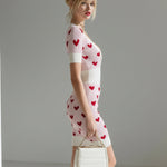 ElevenOra Chic Elegant Cream White Heart Jacquard Deep V-Neck Short-Sleeve Slim-Fit Ribbed Knit Bodycon Mini Dress