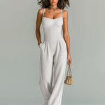 ElevenOra Chic Casual Camel Strappy Sleeveless Tailored Waist Wide Leg Ribbed Knit Jumpsuit