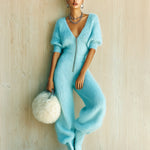 ElevenOra Chic Elegant Blue V-Neck Zipper-Front Short-Sleeve Tailored Waist Straight-Leg Fuzzy Knit Jumpsuit