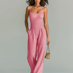 ElevenOra Chic Casual Camel Strappy Sleeveless Tailored Waist Wide Leg Ribbed Knit Jumpsuit