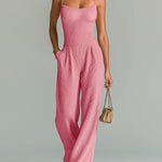 ElevenOra Chic Casual Camel Strappy Sleeveless Tailored Waist Wide Leg Ribbed Knit Jumpsuit