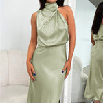Carlina | Long Satin Dress with Halter Neck