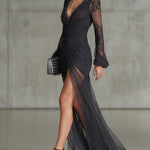 Sofia | Dark Gray Lace Ruched Maxi Dress