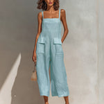 ElevenOra Chic Elegant Pink Cotton Linen Blend Thin Straps Sleeveless  Patch Pockets Loose-Fit Wide-Leg Cropped Jumpsuit