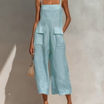 ElevenOra Chic Elegant Pink Cotton Linen Blend Thin Straps Sleeveless  Patch Pockets Loose-Fit Wide-Leg Cropped Jumpsuit