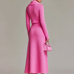 ElevenOra Chic Elegant Hot Pink Lapel Collar Long Sleeve Sweater A-Line Slit Maxi Skirt Knit Two-Piece Set