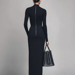 ElevenOra Casual Office Cotton Blend Turtleneck Long Sleeve High Side Slit Bodycon Maxi Dress