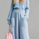 ElevenOra Chic Elegant Baby Blue Deep V-Neck Long Sleeve Patch Pocket Oversized Fuzzy Knit Wide-Leg Jumpsuit