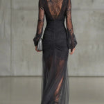 Ambrosia | Dark Grey Lace Ruched Maxi Dress