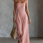 ElevenOra Chic Elegant Black-Camel Geometrical Printed Spaghetti Straps Square-Neck Sleeveless A-Line Maxi Dress