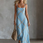 ElevenOra Chic Elegant Black-Camel Geometrical Printed Spaghetti Straps Square-Neck Sleeveless A-Line Maxi Dress