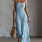 ElevenOra Chic Elegant Black-Camel Geometrical Printed Spaghetti Straps Square-Neck Sleeveless A-Line Maxi Dress