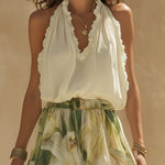 Alessandra - Chiffon Sleeveless Top with Ruffles and Lilium Print Trousers