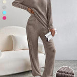 SUMMER™ - Casual V-Neck Long Sleeve Top & Straight Leg Lounge Pants Set