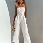 ElevenOra Chic Casual Camel Cotton-Linen Blend Strappy Sleeveless Zipper-Front Tie-Waist Wide-Leg Cropped Jumpsuit