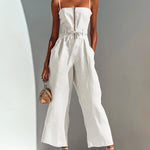 ElevenOra Chic Casual Camel Cotton-Linen Blend Strappy Sleeveless Zipper-Front Tie-Waist Wide-Leg Cropped Jumpsuit