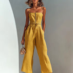 ElevenOra Chic Casual Camel Cotton-Linen Blend Strappy Sleeveless Zipper-Front Tie-Waist Wide-Leg Cropped Jumpsuit