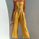 ElevenOra Chic Casual Camel Cotton-Linen Blend Strappy Sleeveless Zipper-Front Tie-Waist Wide-Leg Cropped Jumpsuit