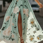 Julie | Light Green Floral Chiffon One-Shoulder Maxi Dress