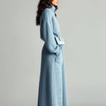 ElevenOra Chic Elegant Blue Stand Collar V Neck Long Sleeve Loose Sweater Patch Pocket Maxi Skirt Fuzzy Knit Two-Piece Set