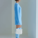ElevenOra Chic Casual Blue Round Neck Long Sleeve Zipper-Front Side Slit Oversized Fuzzy Knit Mini Dress