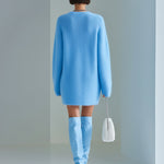 ElevenOra Chic Casual Blue Round Neck Long Sleeve Zipper-Front Side Slit Oversized Fuzzy Knit Mini Dress