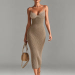 ElevenOra Chic Elegant Camel V-Neck Spaghetti Straps Sleeveless Lace Patch Slim-Fit Detail Ribbed Knit Bodycon Midi Dress