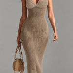 ElevenOra Chic Elegant Camel V-Neck Spaghetti Straps Sleeveless Lace Patch Slim-Fit Detail Ribbed Knit Bodycon Midi Dress