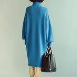 ElevenOra Chic Casual Blue Turtle Neck Oversized Long Sleeve Knit Midi Dress