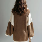 ElevenOra Chic Elegant Zip-Up Lapel Collar Oversized Long Sleeve Colorblock Knit Mini Dress
