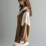 ElevenOra Chic Elegant Zip-Up Lapel Collar Oversized Long Sleeve Colorblock Knit Mini Dress