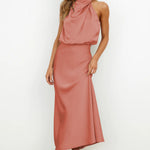 Carlina | Long Satin Dress with Halter Neck