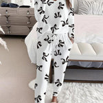 HALLIE™ - Bow Print V-Neck Long Sleeve Top & Tie Waist Pants Set