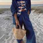 Reed | Island Style Ocean Print Oversized Shirt and Elastic Waist Pocket Pants Set