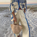 Mae | Island Style Ocean Print Oversized Shirt and Elastic Waist Pocket Pants Set