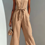 ElevenOra Chic Casual Camel Cotton-Linen Blend Strappy Sleeveless Zipper-Front Tie-Waist Wide-Leg Cropped Jumpsuit
