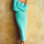 ElevenOra Stylish Solid Color Mohair One-Shoulder Long Lantern Sleeve Bodycon Knit Maxi Dress