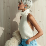 ElevenOra Chic Vintage White Halter Turtleneck Sleeveless Fuzzy Knit Vest Top