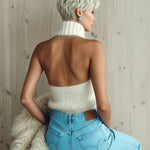 ElevenOra Chic Vintage White Halter Turtleneck Sleeveless Fuzzy Knit Vest Top