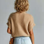 ElevenOra Chic Vintage Camel Mock Neck Short Sleeve Loose Fuzzy Mohair Knit Sweater Top