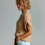 ElevenOra Chic Vintage Camel Mock Neck Short Sleeve Loose Fuzzy Mohair Knit Sweater Top